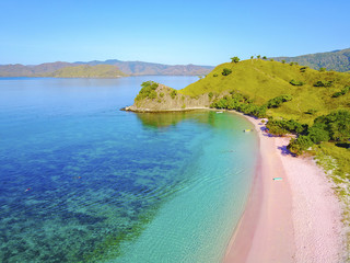 Aerial view of beautiful pink beach at Flores Island
