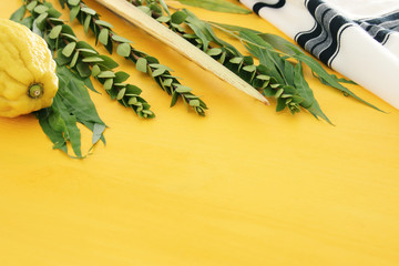Jewish festival of Sukkot. Traditional symbols (The four species): Etrog, lulav, hadas, arava.