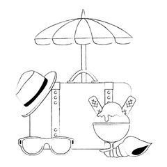 suitcase travel with umbrella and summer hat