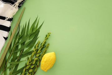 Jewish festival of Sukkot. Traditional symbols (The four species): Etrog, lulav, hadas, arava.