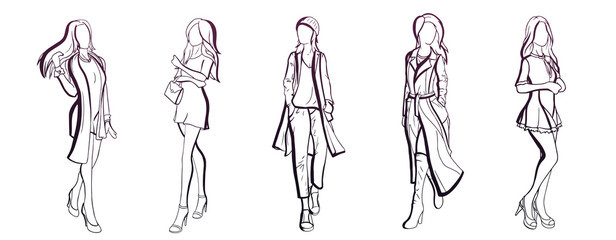 Set of hand drawn stylish beautiful women in different dress. Fashion model posing. Sketch. - 216472154