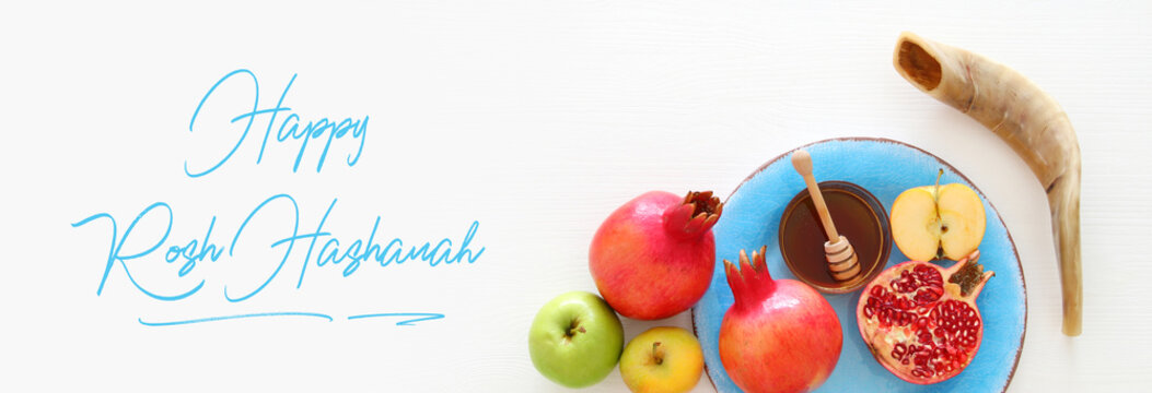 Rosh hashanah (jewish New Year holiday) concept. Traditional symbols.