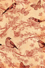 Fototapeta premium olden shabby banner with flowering cherry and birds. watercolor painting