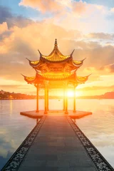 Aluminium Prints Beige Hangzhou west lake jixian pavilion at sunset