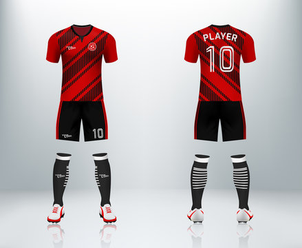 3D realistic mock up of front and back of soccer jersey shirt. Concept for red soccer team uniform or football apparel mockup design in vector illustration.
