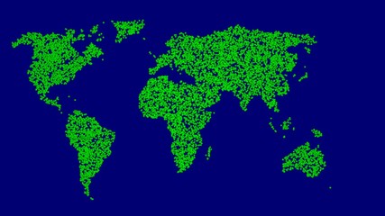 World map made of spheres, balls, points, particles. 3d render.Green colors. Medium density