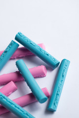 polymer clay handcraft for kids . line stick toy pattern product design . blue and pink pastel colorful , minimal style .