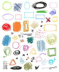 Infographic elements on isolated background. Set of different signs. Hand drawn simple symbols. Sketches for design on white. Abstract arrows and rectangle frames. Sketchy doodles for business