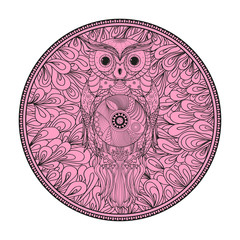 Zendala with owl on white. Zentangle. Hand drawn mandala with abstract patterns on isolated background. Design for spiritual relaxation for adults. Print for polygraphy, posters, t-shirts and textiles