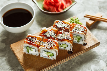 High angle view of susi served with wasabi, ginger and soy sauce 