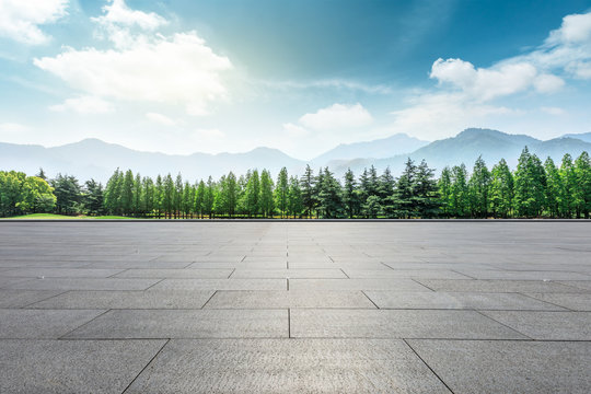 Empty square floor and mountain with trees natural landscape