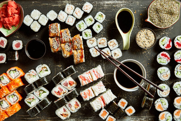 High angle view of variety of sushi server with sauces - Powered by Adobe