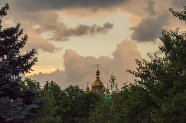 The dome of the church behind the branches of trees