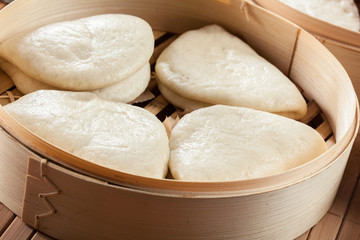 Gua bao, steamed buns in bamboo steamer