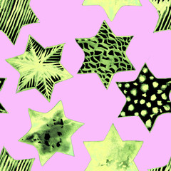 Seamless Watercolor Stars Pattern. Magic Festive Background. Hand Drawn Doodle Stars. Baby Design. Abstract Rapport for Wallpaper, Textile, Linen, Wrapping, Posters, Cards, Banner. New Year, Birthday 