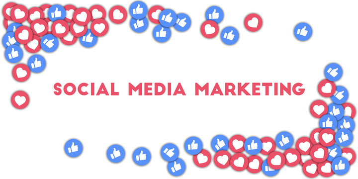 Social media marketing. Social media icons in abstract shape background with scattered thumbs up