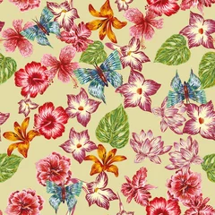 Gordijnen Tropische Bladeren Hand drawn butterfly flowers leaves pattern seamless background  © berry2046