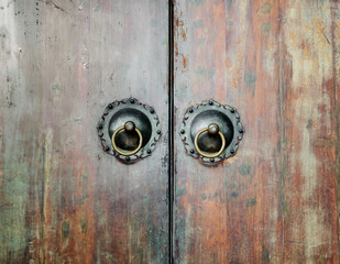 Antique door knocker shaped like a lion's head.