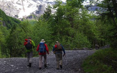 Trois hommes partent en randonnée en Montagne en été