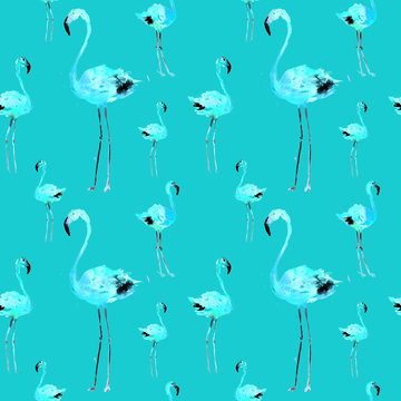 Hand Drawn Illustration With Flamingo. Exotic Summer Beach Motif. Swimwear Design, Wrapping, Background, Wallpaper, Fabric. Hawaiian Print. Jungle Birds Repeated Ornament. Aloha. Boho. Africa. © Feliche _Vero