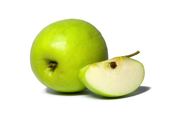 green apple with dew isolated on white background. food, healthy
