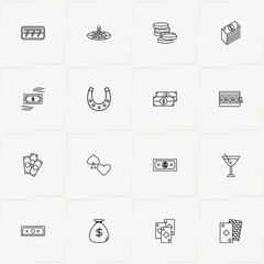 Casino line icon set with roulette casino, money and money bag