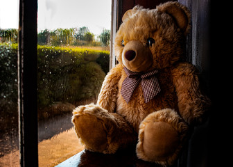 Teddy bear sitting at the window on a raining day