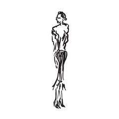 Abstract free fashion model in skirt hand drawn ink doodle, sketch, outline black and white vector fashion illustration