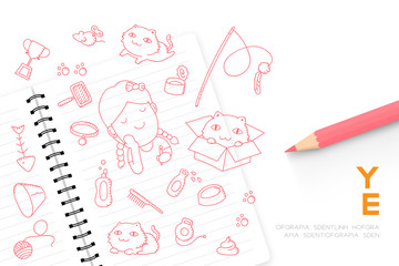 Notebook with kid girl hand drawing set, Imagine of Future Occupation "Cat groomer shop" concept idea illustration pink color isolated on white background, with copy space
