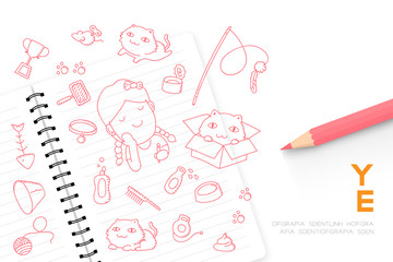 Notebook with kid girl hand drawing set, Imagine of Future Occupation 