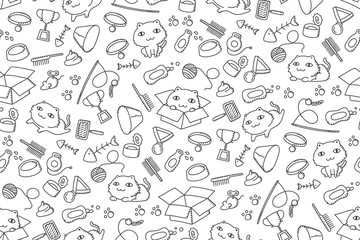 Seamless pattern background Cat and equipment kids hand drawing set illustration black color isolated on white background - 216485728