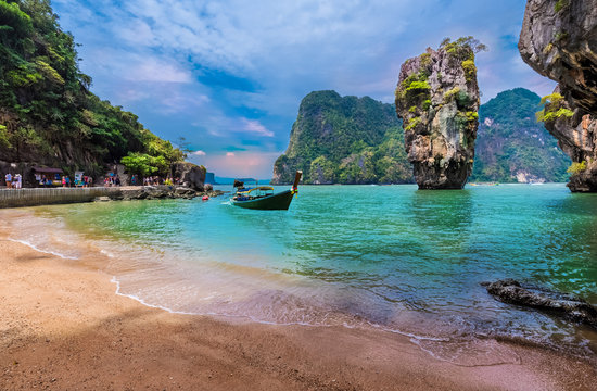 James Bond island and famous Khao Phing Kan Phi stone in Thailand, Thai Asia