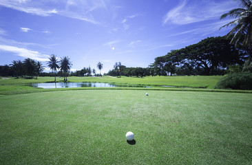 Obraz premium Clean and beautiful golf course during blue sky day.