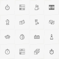 Chess & Backgammon line icon set with dice, chess watch  and stopwatch