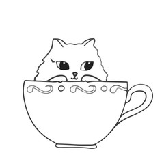 Cute cat sitting in the cup on white background Hand drawn outlined vector