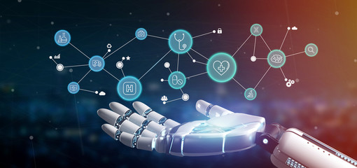 Cyborg hand holding a  Medical icon and connection 3d rendering