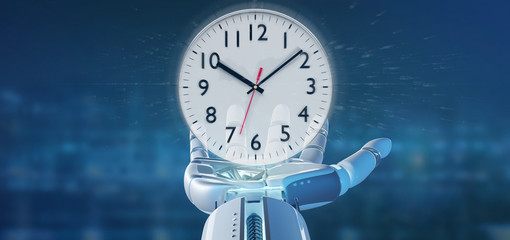 Cyborg hand holding a Clock timer 3d rendering