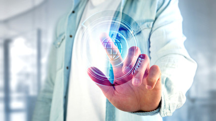 Businessman holding a Shinny technologic globe button - 3d render