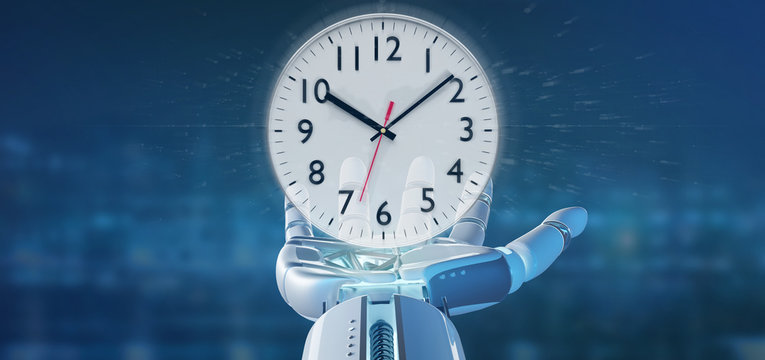 Cyborg hand holding a Clock timer 3d rendering