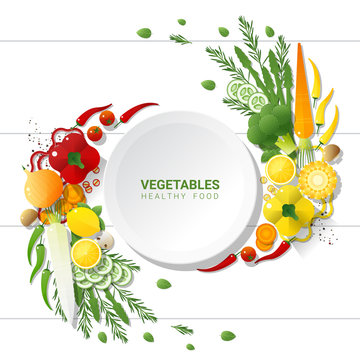 Flat lay Fresh vegetables on white table background , healthy food concept , vector , illustration