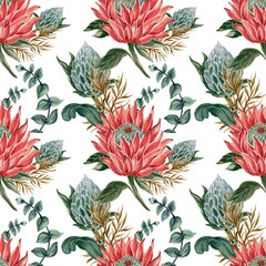 Botanical collage with King protea and green leaves branches seamless pattern - obrazy, fototapety, plakaty