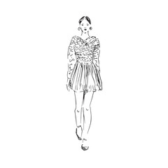 Glamorous fashion model in short skirt,  blouse walking, front view, hand drawn ink doodle, sketch, outline black and white vector fashion illustration