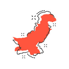 Vector cartoon Pakistan map icon in comic style. Pakistan sign illustration pictogram. Cartography map business splash effect concept.