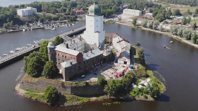 Aerial Establishing Pull out shot of Vyborg castle during the day