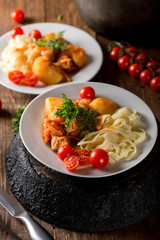 Lagman with pasta. National dish.