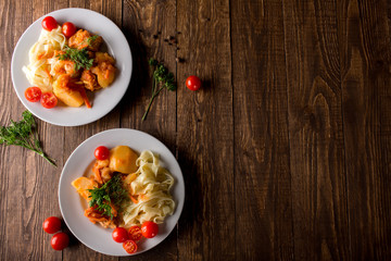 Lagman with pasta. National dish.