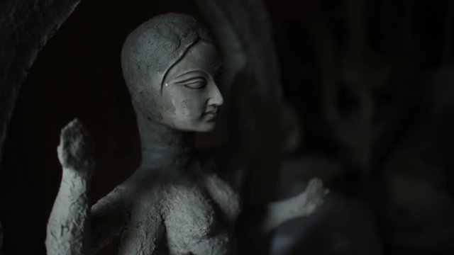 An idol of Indian Goddess Maa Laxmi is being made with clay in India for the preparation of upcoming Hindu festival Durga Puja