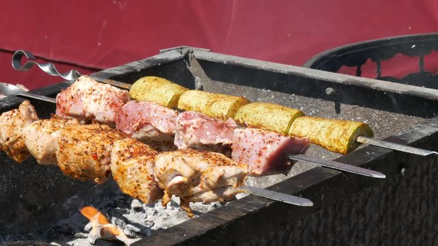Delicious succulent meat of shish kebab on skewer fry on smoke