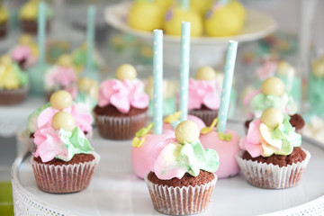 Sweet table for child birthday. Candy bar with a lot of different candies and sweet cakes