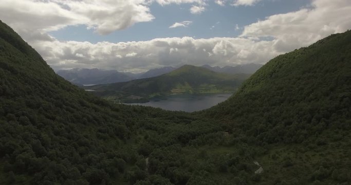 4k Drone footage backwards over jungel forest in epic valley, with fjord in the background and river. In Norway Sunnmore Orsta Skorgedalen. In the summer.